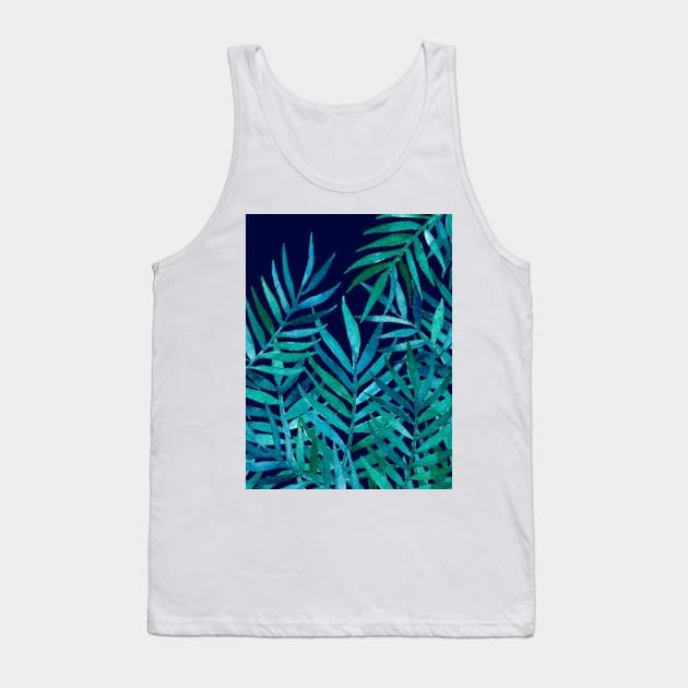 Watercolor Palm Leaves on Navy Tank Top by micklyn